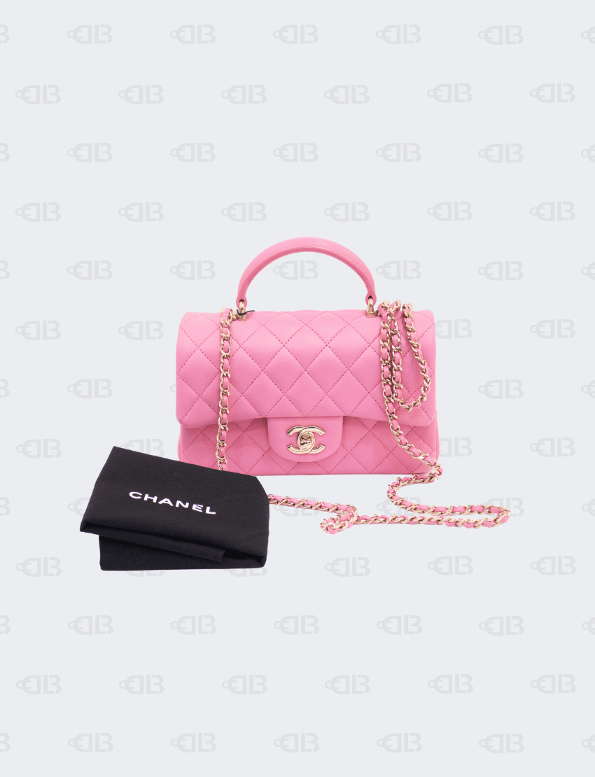 Chanel Mini Rectangular Flap bag with Top Handle Pink Lambskin Light Gold Hardware Chanel Mini Rectangular Flap bag with Top Handle Pink Lambskin Light Gold Hardware