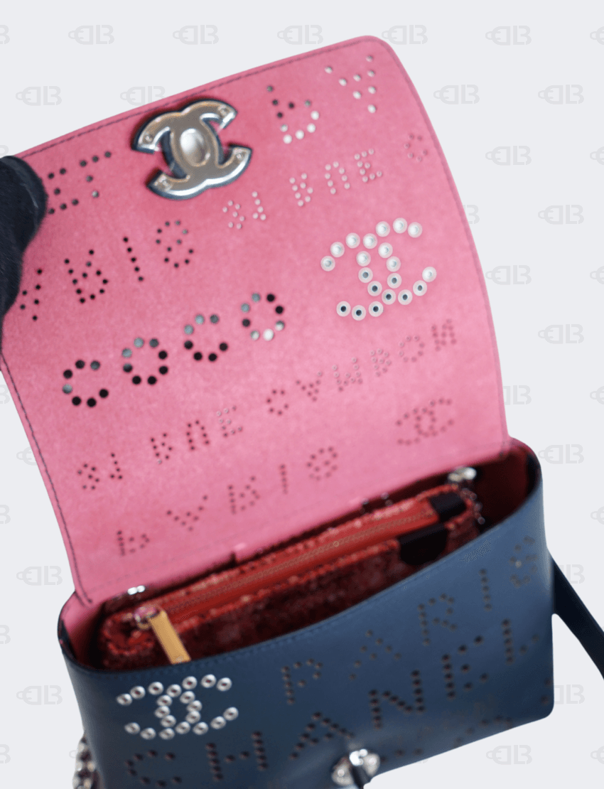 Chanel Coco Calfskin Perforated CC Eyelet Flap Belt Bag in Navy