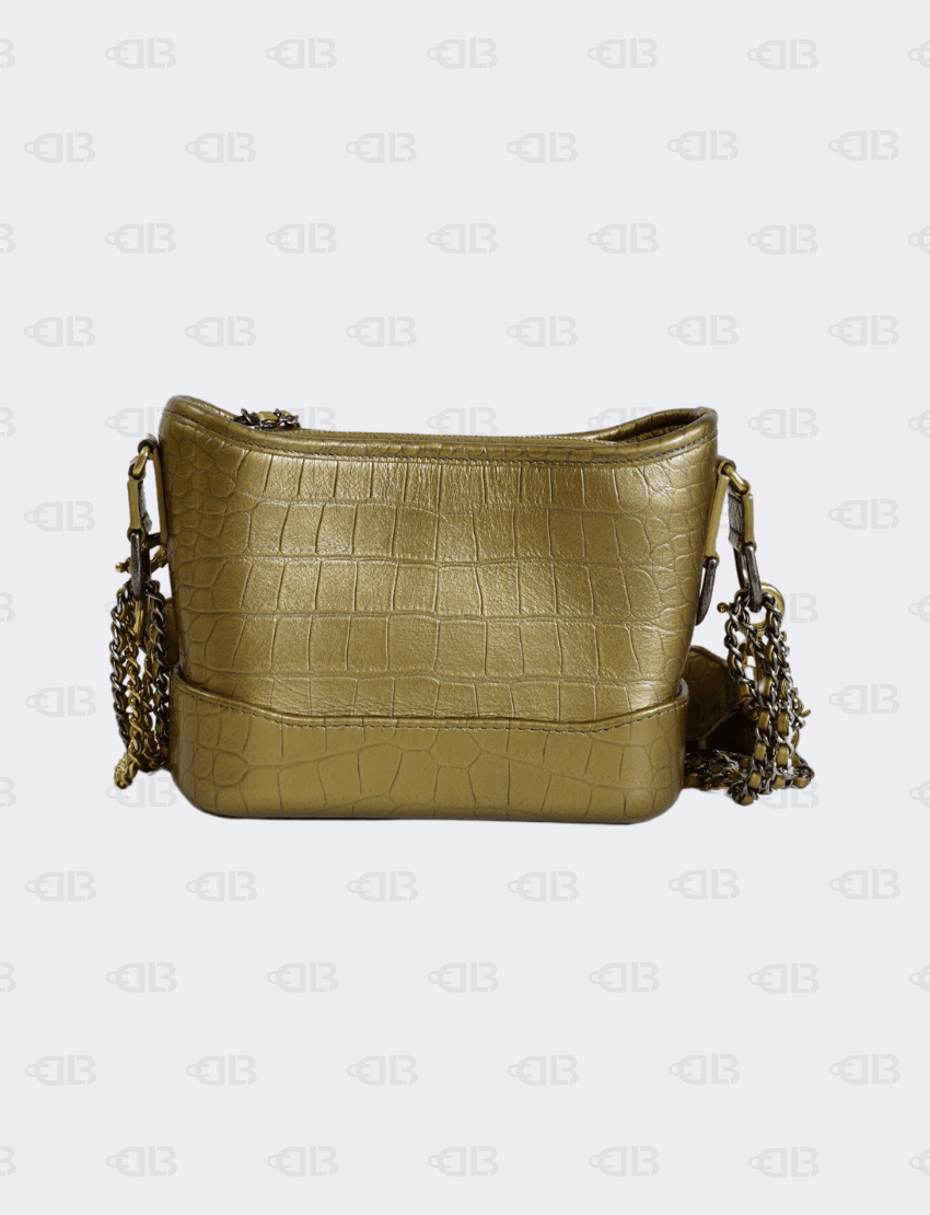 Chanel Gabrielle Hobo Bag Metallic Calfskin Crocodile Embossed Small in Gold
