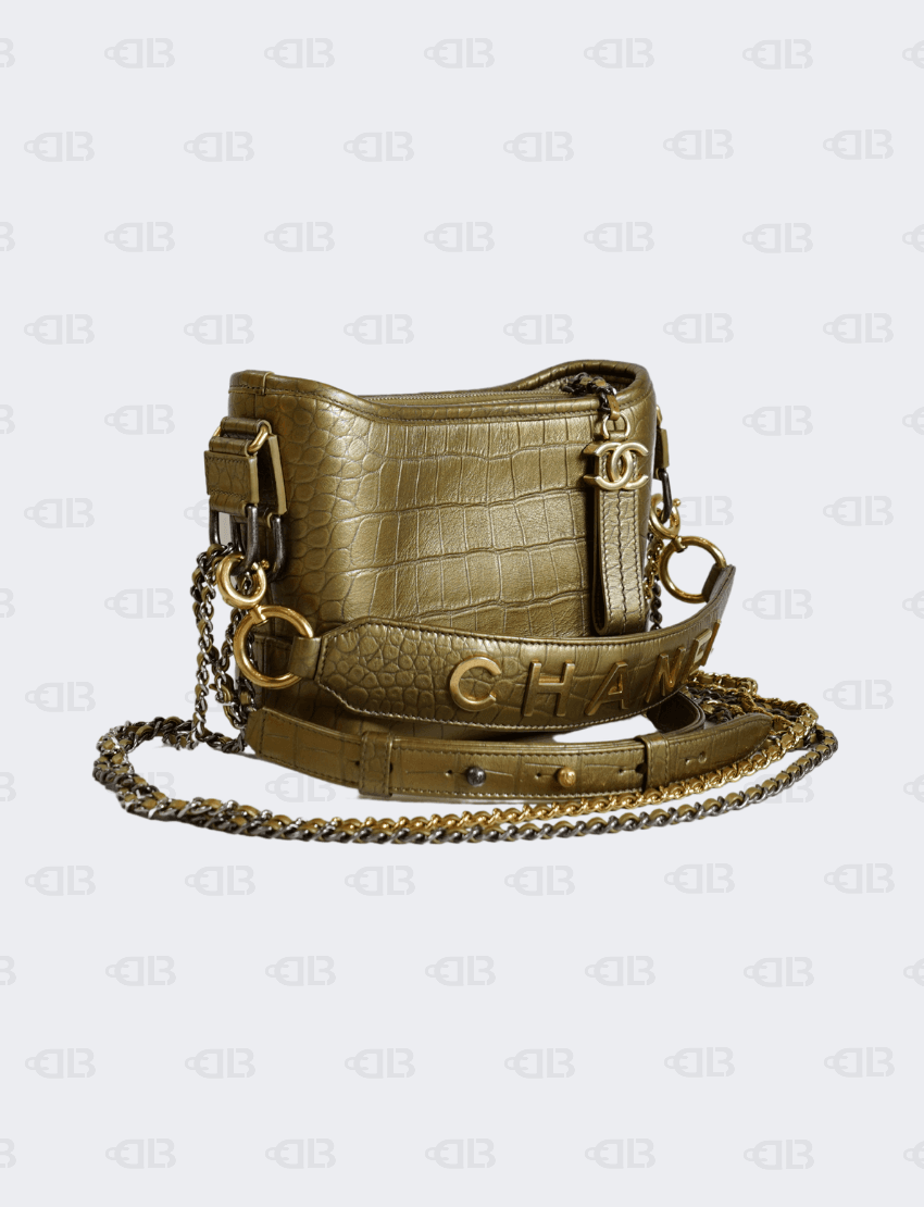 Chanel Gabrielle Hobo Bag Metallic Calfskin Crocodile Embossed Small in Gold
