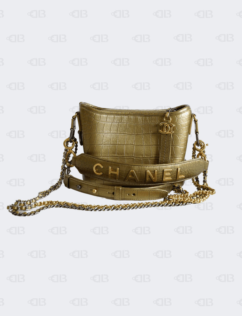 Chanel Gabrielle Hobo Bag Metallic Calfskin Crocodile Embossed Small in Gold