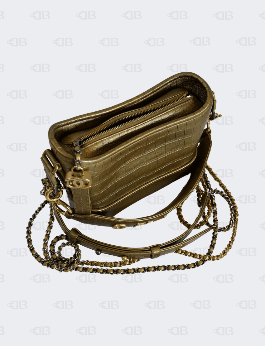 Chanel Gabrielle Hobo Bag Metallic Calfskin Crocodile Embossed Small in Gold