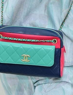 Chanel Goatskin Quilted Tri-Color In & Out Waist Bag Navy Turquoise Pink