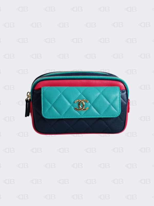 Chanel Goatskin Quilted Tri-Color In & Out Waist Bag Navy Turquoise Pink