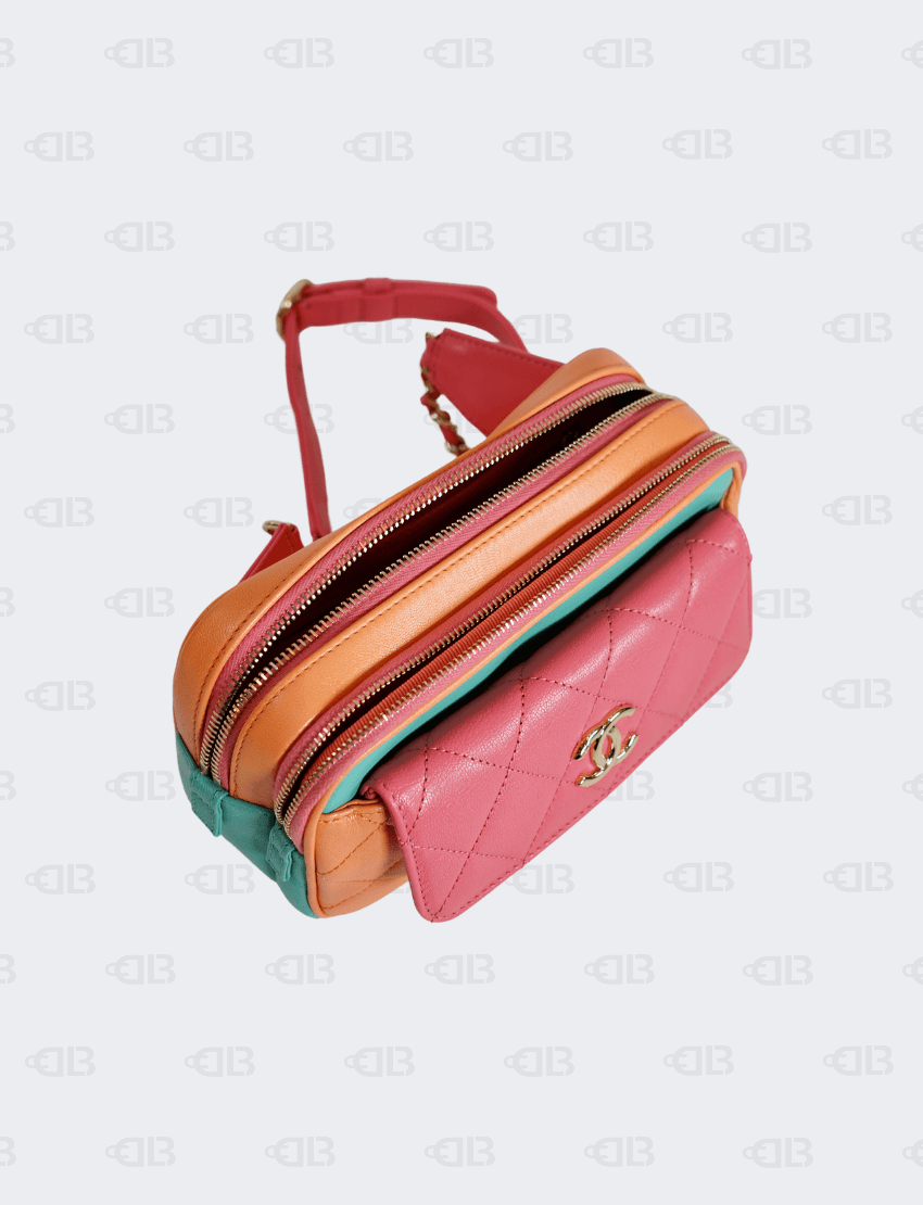 Chanel Goatskin Quilted Tri-Color In & Out Waist Bag Orange Green Pink