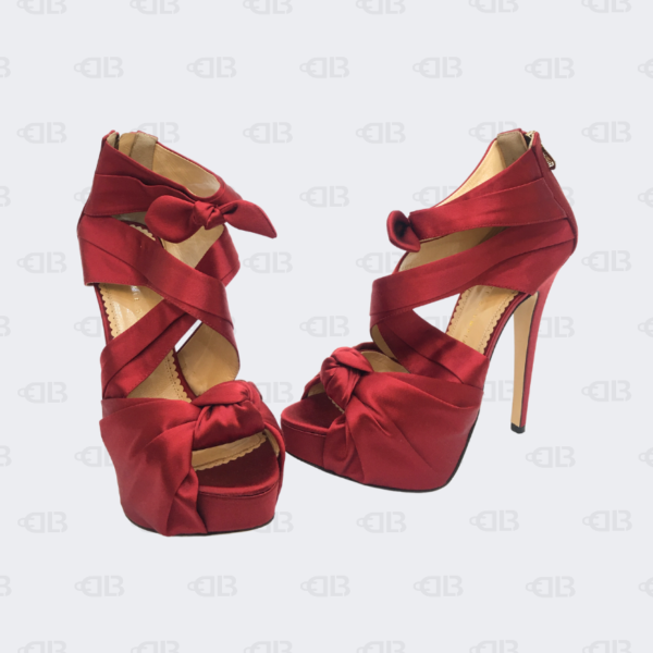 Charlotte Olympia Red Satin Andrea Cross Strap Knotted Platform Sandals