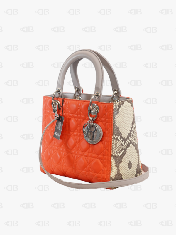 Dior Orange/Beige Python And Cannage Leather Lady Dior Medium Tote