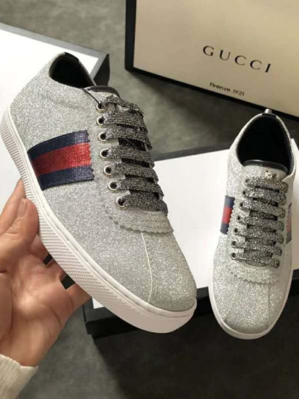 Gucci Metallic Silver Glitter Coated Fabric Bambi Web Detail Studded Low Top Sneakers