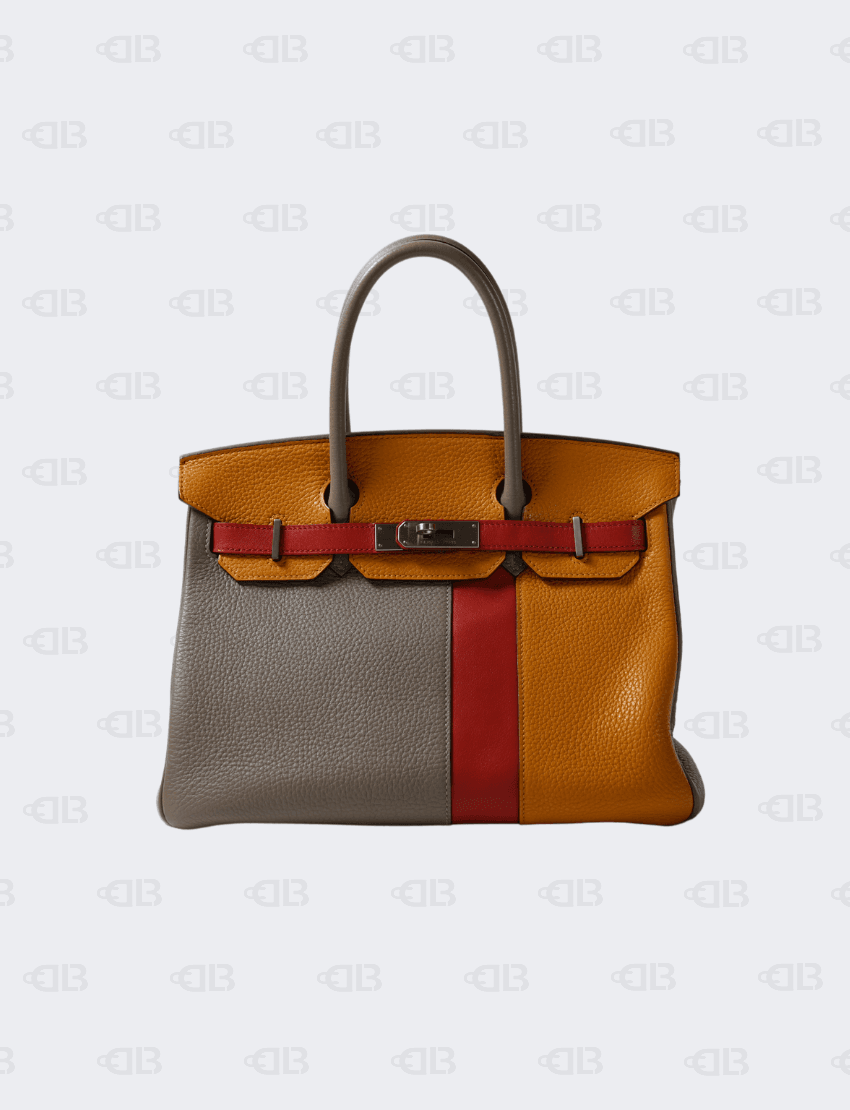 Hermès Birkin Cazac 30 Taurillon Clemence Vaux Swift Tourtiere Gray Sanguine Moutard Matte P engraved handbag