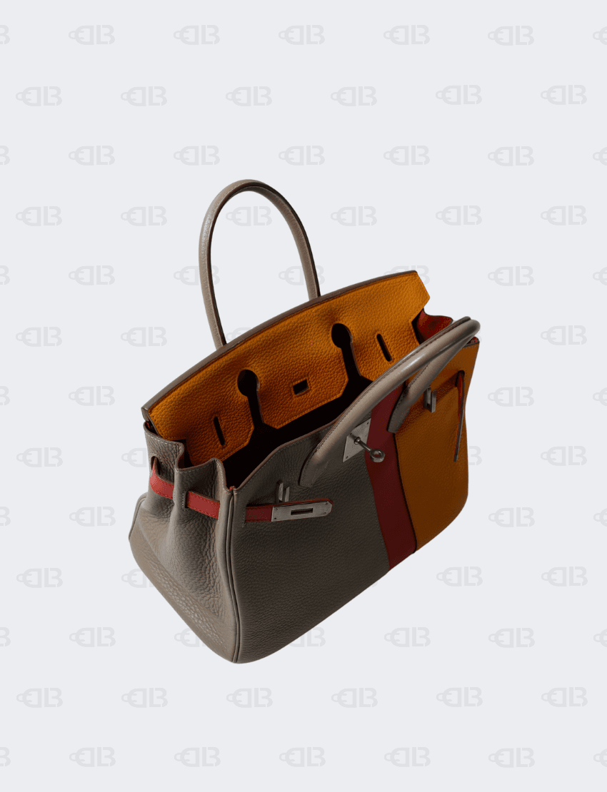 Hermès Birkin Cazac 30 Taurillon Clemence Vaux Swift Tourtiere Gray Sanguine Moutard Matte P engraved handbag
