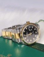 Rolex Oyster Perpetual Date Just 36mm Diamond Dial Black Face Gold Stainless Steel OysterFlex Brace