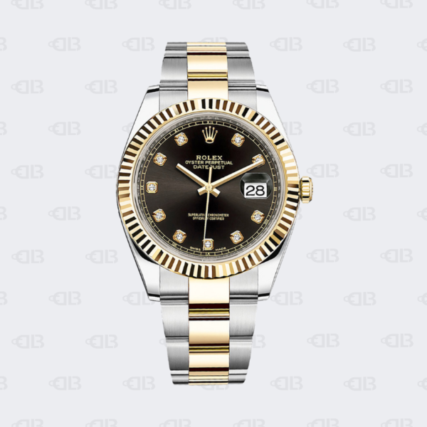 Rolex Oyster Perpetual Date Just 36mm Diamond Dial Black Face Gold Stainless Steel OysterFlex Brace