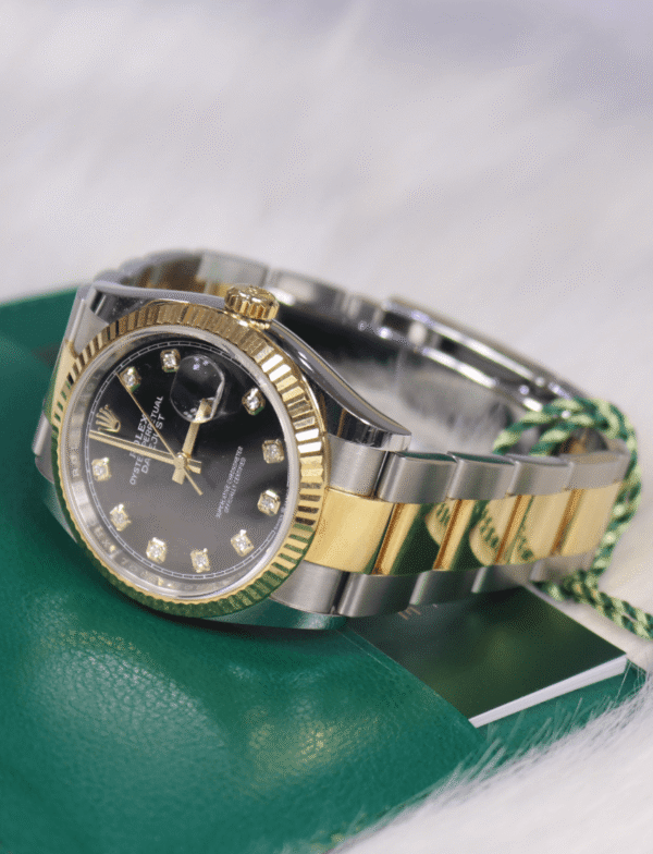 Rolex Oyster Perpetual Date Just 36mm Diamond Dial Black Face Gold Stainless Steel OysterFlex Brace