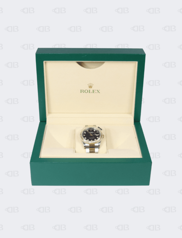 Rolex Oyster Perpetual Date Just 36mm Diamond Dial Black Face Gold Stainless Steel OysterFlex Brace