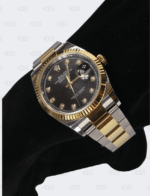 Rolex Oyster Perpetual Date Just 36mm Diamond Dial Black Face Gold Stainless Steel OysterFlex Brace