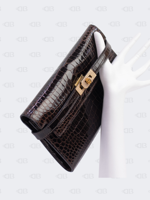 Hermes Kelly Diamond Cocoan Shiny Porosus Crocodile Leather Long Wallet