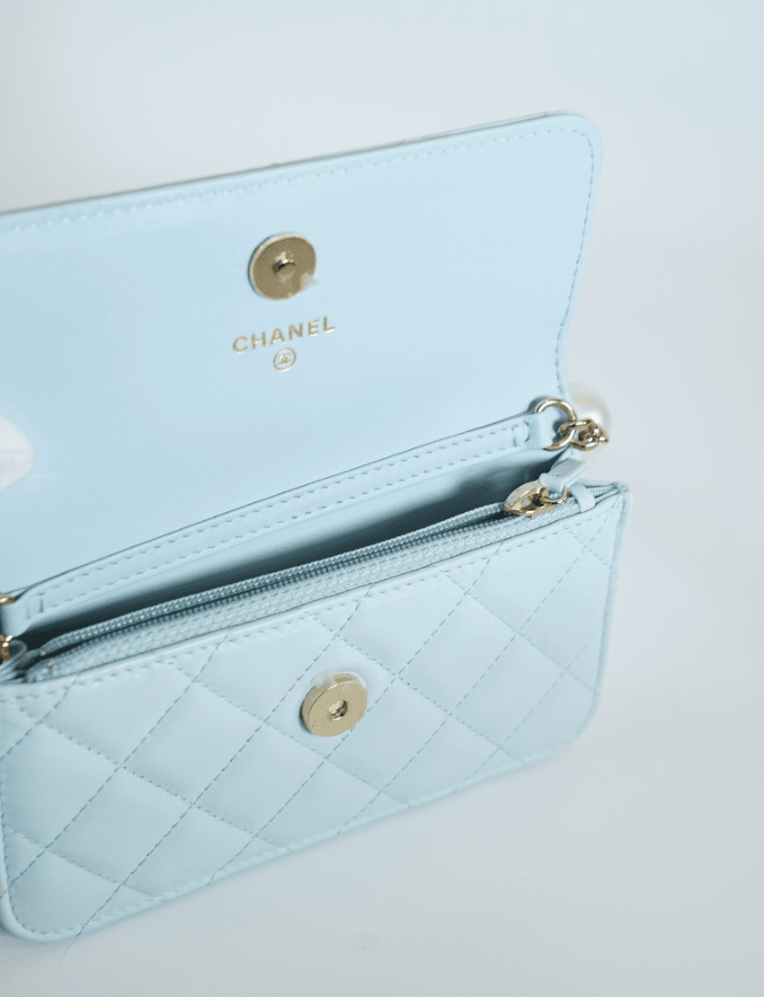 Chanel Light Teal Green Pearl Bag Wallet on Chain