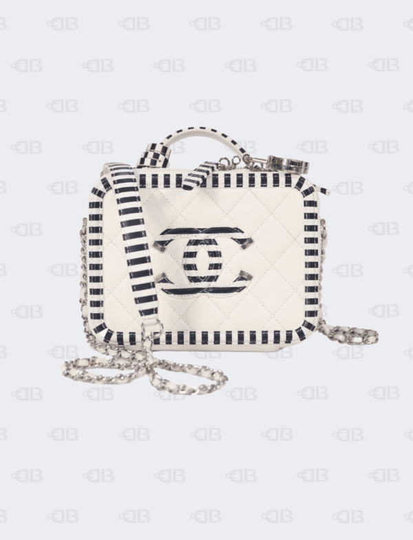 Chanel White Caviar Vanity Case With Zebra Motiff CC Logo and Silver Hardware
