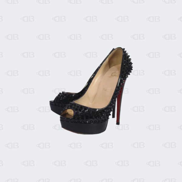 Christian Louboutin Black Patent Leather  Lady Peep Spikes Pumps