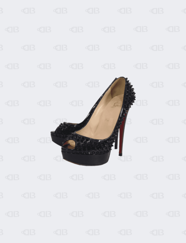 Christian Louboutin Black Patent Leather Lady Peep Spikes Pumps