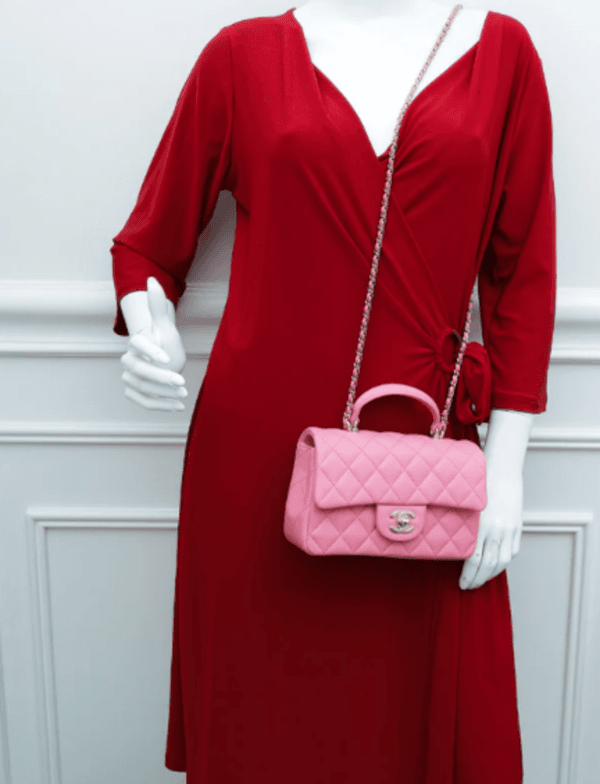 Chanel Mini Rectangular Flap bag with Top Handle Pink Lambskin Light Gold Hardware