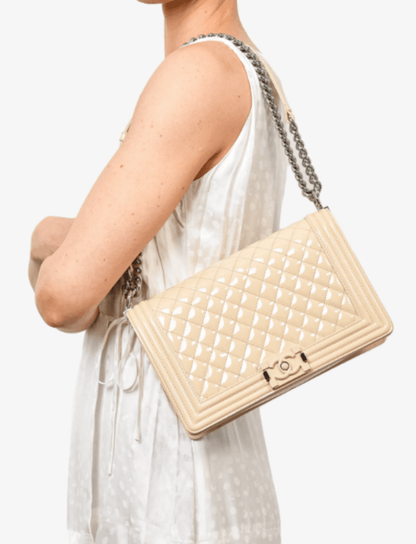 Chanel Beige Patent Calfskin New Medium Boy Flap Bag