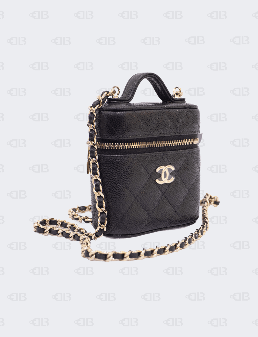 Chanel Caviar Quilted Small Handle with Care Vanity Case With Chain Black