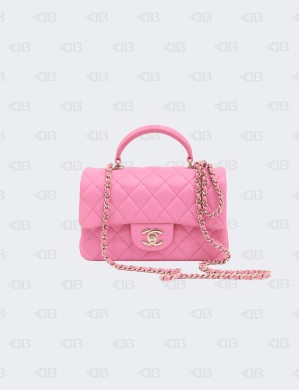 Chanel Mini Rectangular Flap bag with Top Handle Pink Lambskin Light Gold Hardware