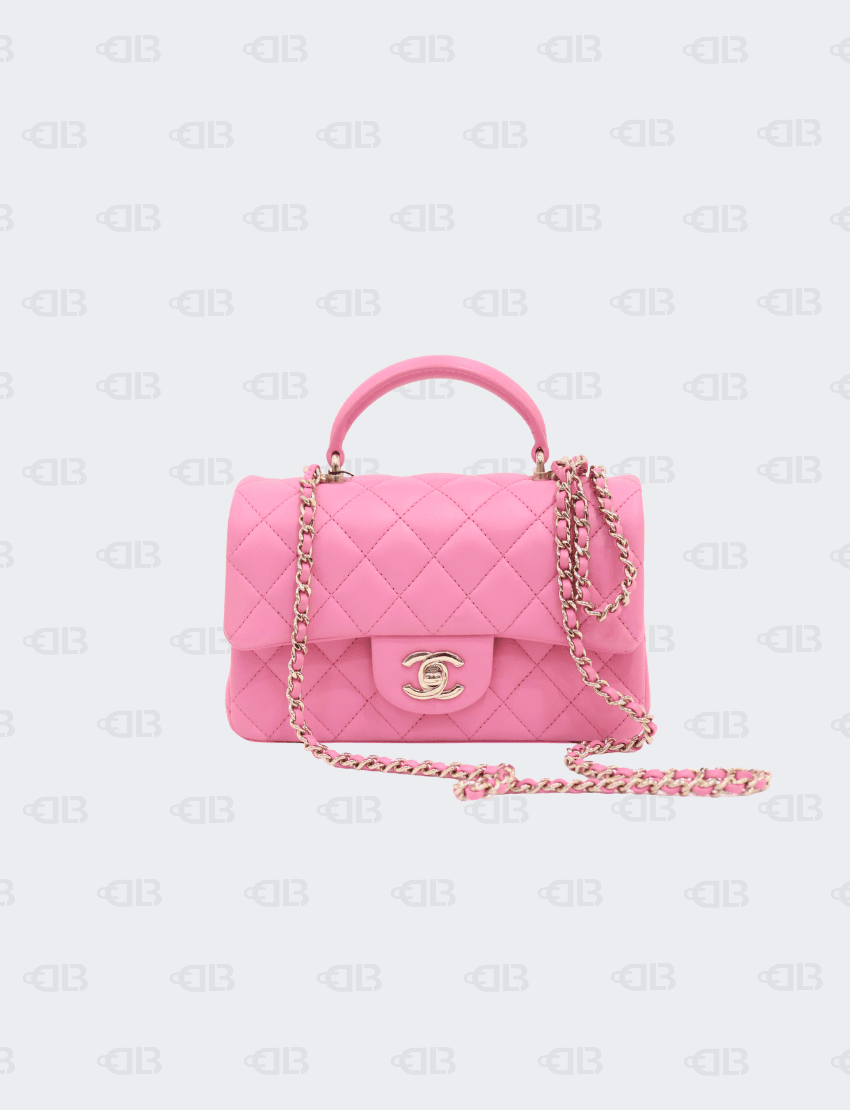 Chanel Mini Rectangular Flap bag with Top Handle Pink Lambskin Light Gold Hardware