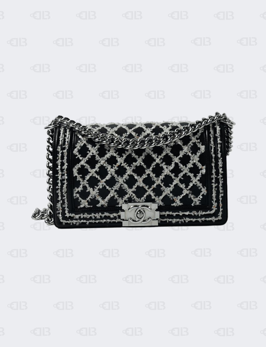 Chanel Sequins Stitch Boy Bag Black Leather Pony Style Calfskin Bag