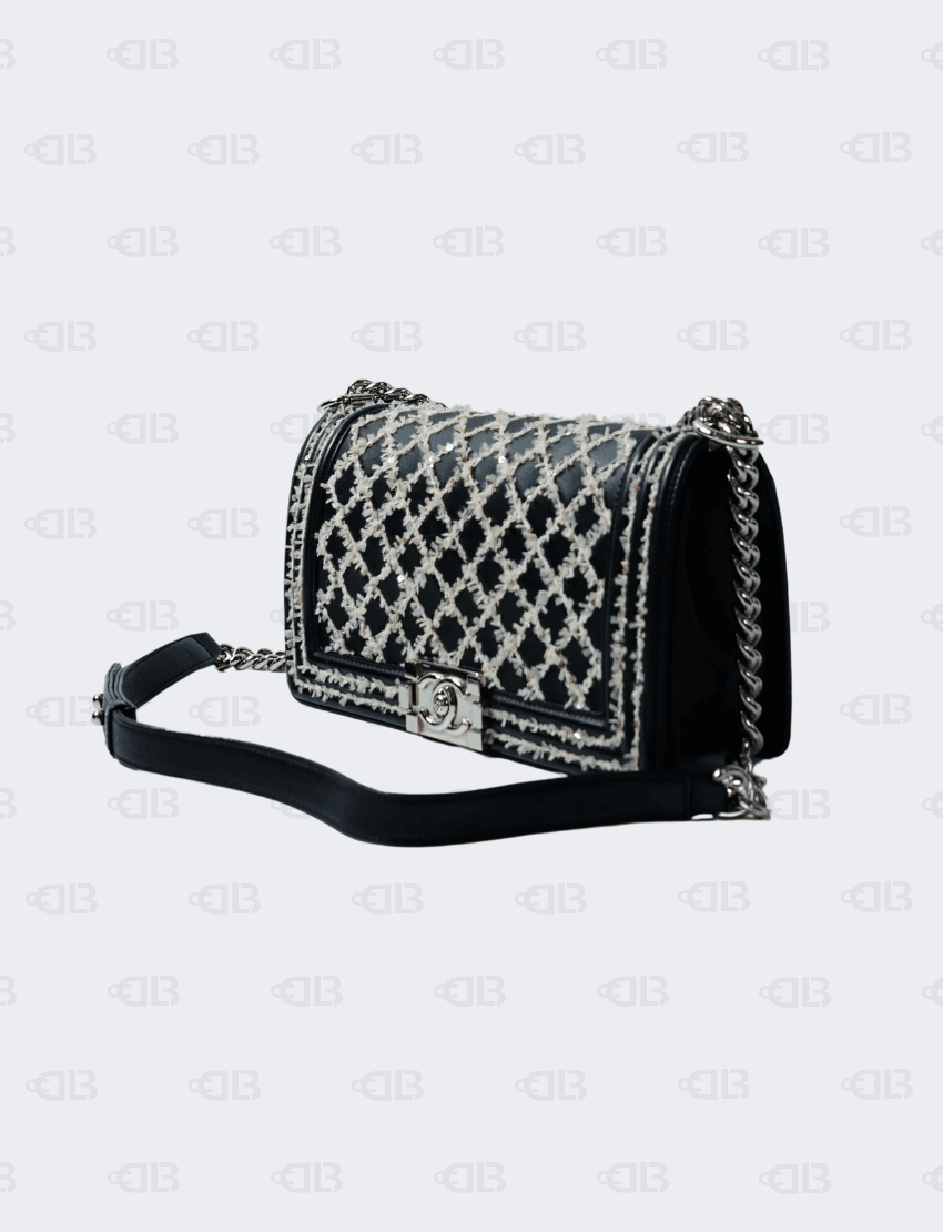Chanel Sequins Stitch Boy Bag Black Leather Pony Style Calfskin Bag