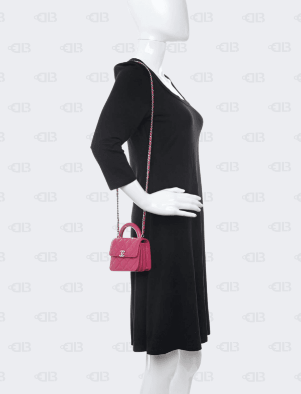 Chanel Top Handle Mini Accordion Fuchsia Pink Flap Clutch with Chain