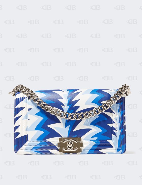 Chanel Blue and White Printed Calfskin Small Boy Bag Silver Hardware