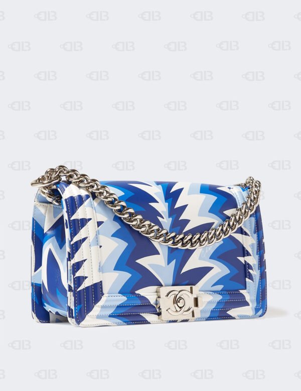 Blue and White Printed Calfskin Small Boy Bag Silver Hardware