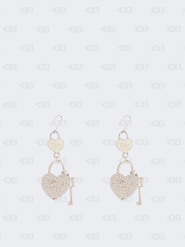 Dior Heart lock & Key Drop Motif Crystal Silver Tone Hook Earrings