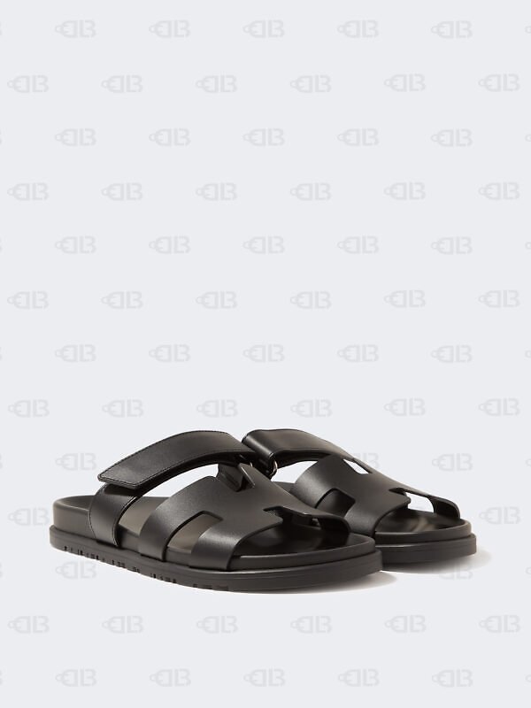 Hermes Black Leather Chypre Flat Sandals