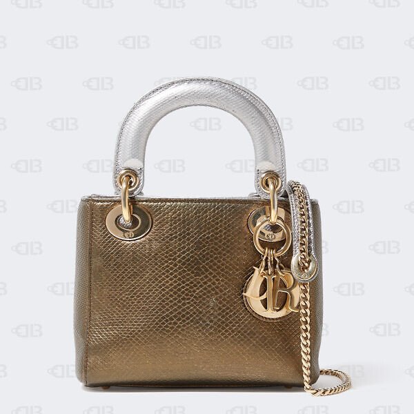 Christian Dior Mini Lady Lizard Print Chain Shoulder Bag Metallic Gold