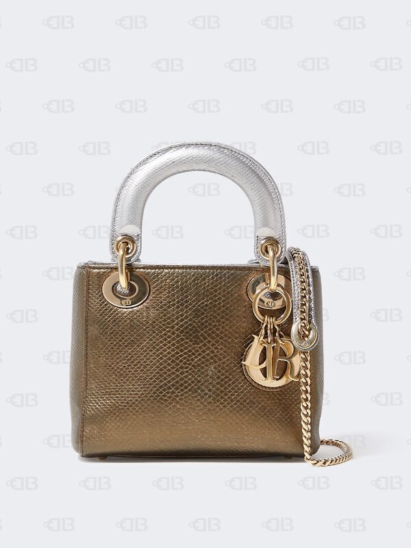 Christian Dior Mini Lady Lizard Print Chain Shoulder Bag Metallic Gold