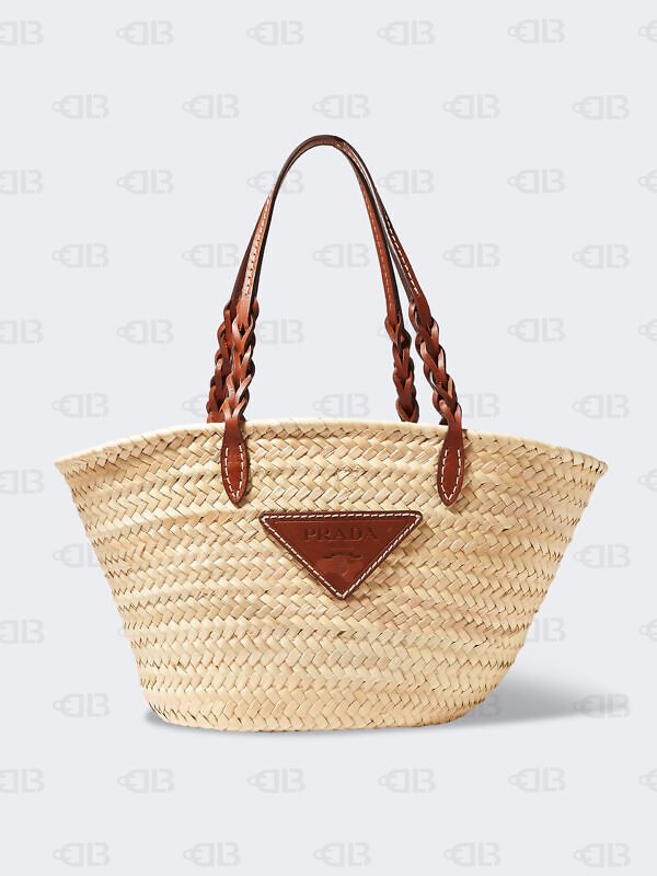 Prada  Raffia Woven Braided Basket Tote Beige