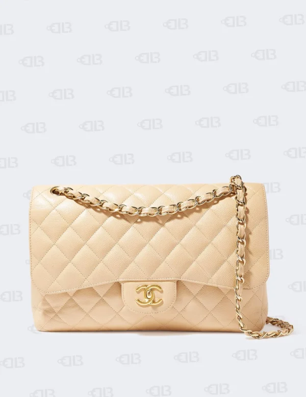 Chanel Beige Quilted Caviar Jumbo Classic Double Flap Bag Brown