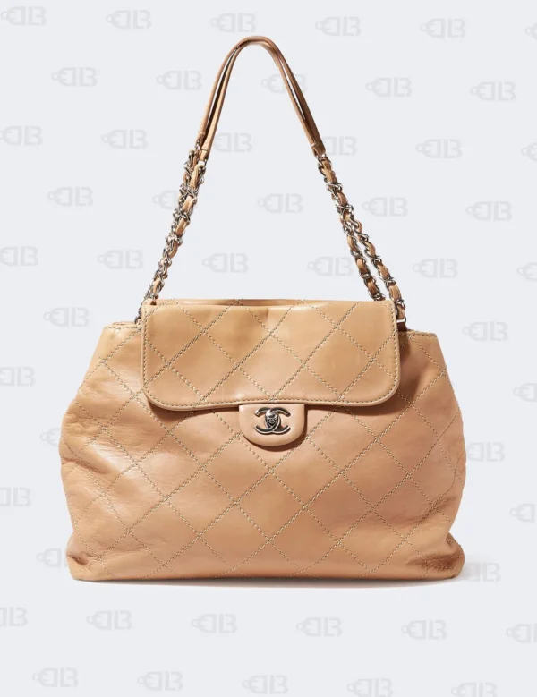 CHANEL Calfskin Large Front Flap Tote Beige