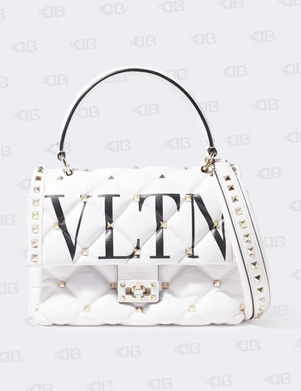 Valentino White Quilted Leather VLTN Candystud Top Handle Bag