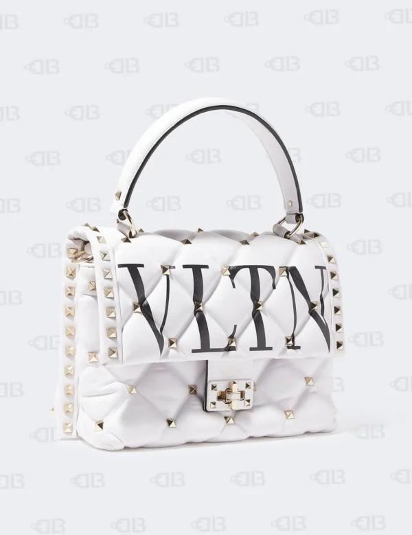 Valentino White Quilted Leather VLTN Candystud Top Handle Bag