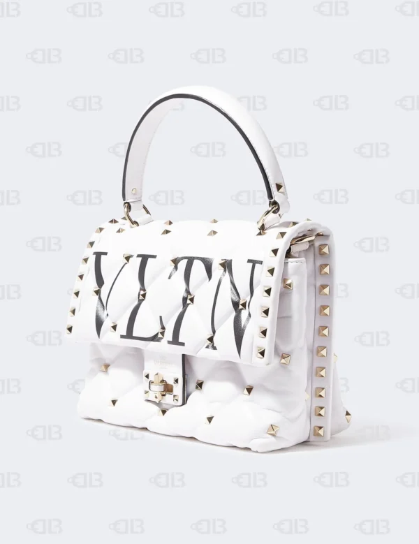 Valentino White Quilted Leather VLTN Candystud Top Handle Bag