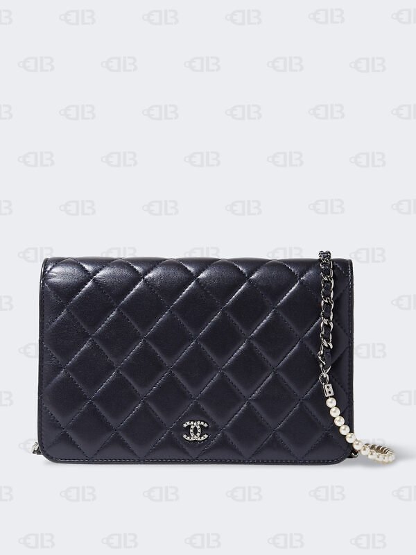 Chanel Lambskin Quilted Pearl Wallet On Chain WOC Black