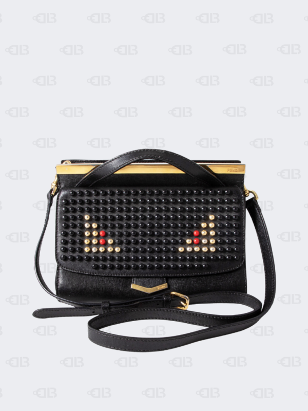 Fendi Black Textured Leather Mini Studded Monster Demi JourTop Handle