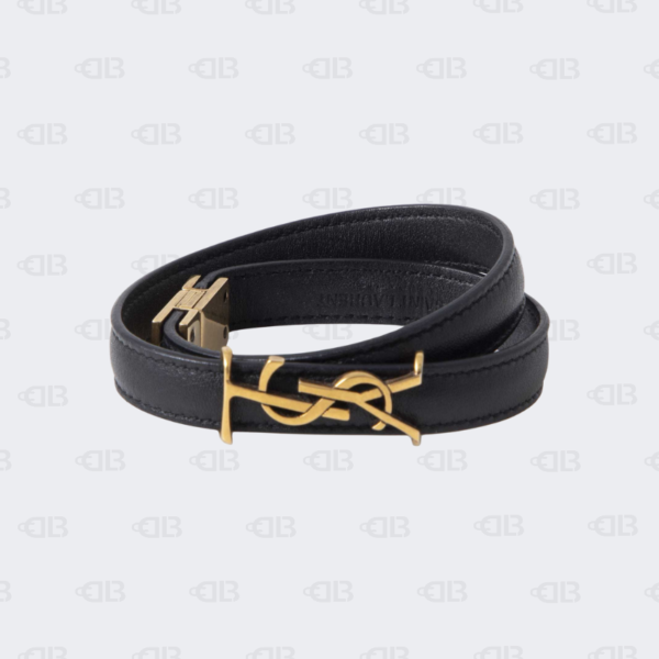 Yves Saint Laurent Paris Opyum Black Leather Gold Tone Double Wrap Bracelet