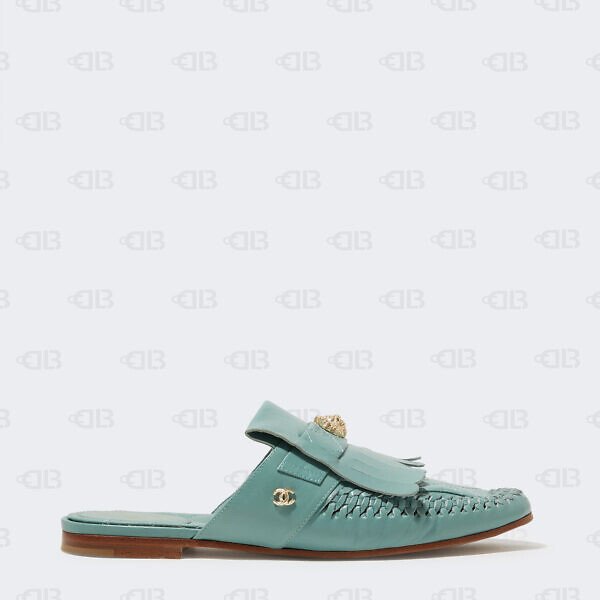 Chanel Green Pastle Quilted Leather Lion Fringe Flat Mules