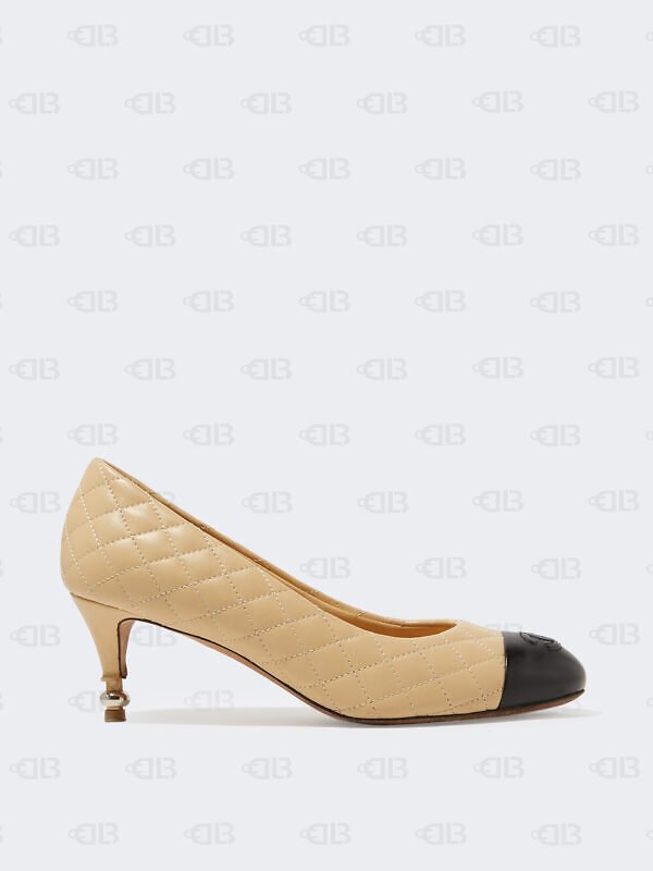 Chanel Beige/Black Quilted Leather CC Cap Toe Pumps