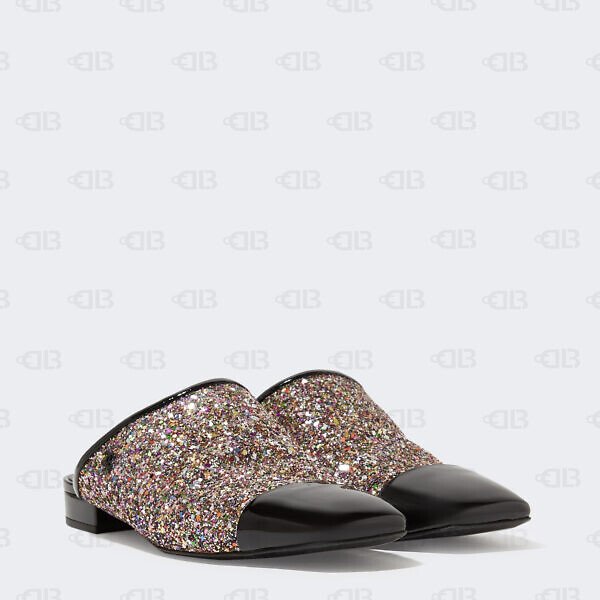 Chanel  Coarse Glitter and Patent Cap Toe CC Mules